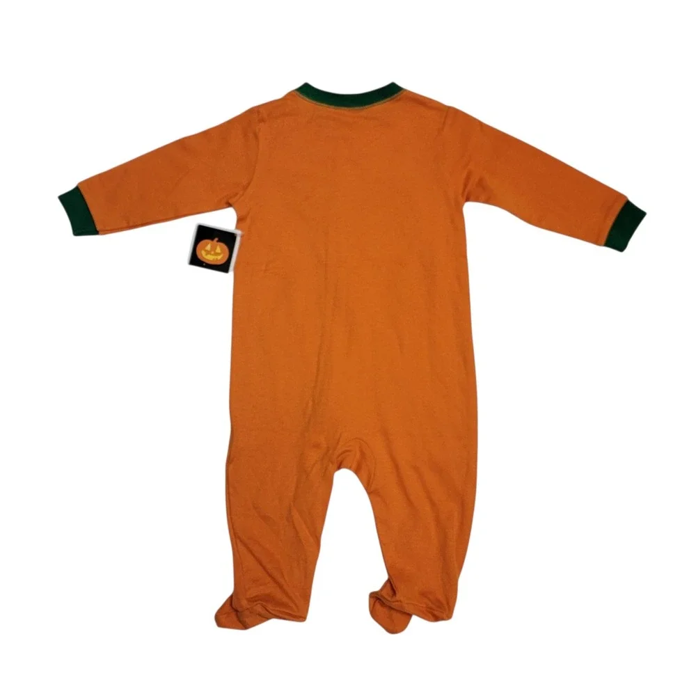 Halloween 1 Pc Pajamas Sz 3/6M‎ Jack O Lantern Orange Green Footed Romper Unisex